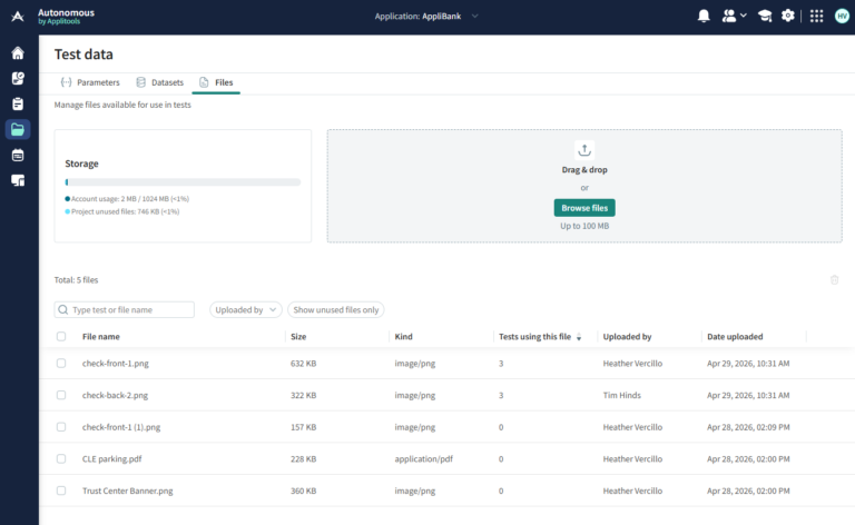 Screenshot of Applitools Autonomous cloud file management